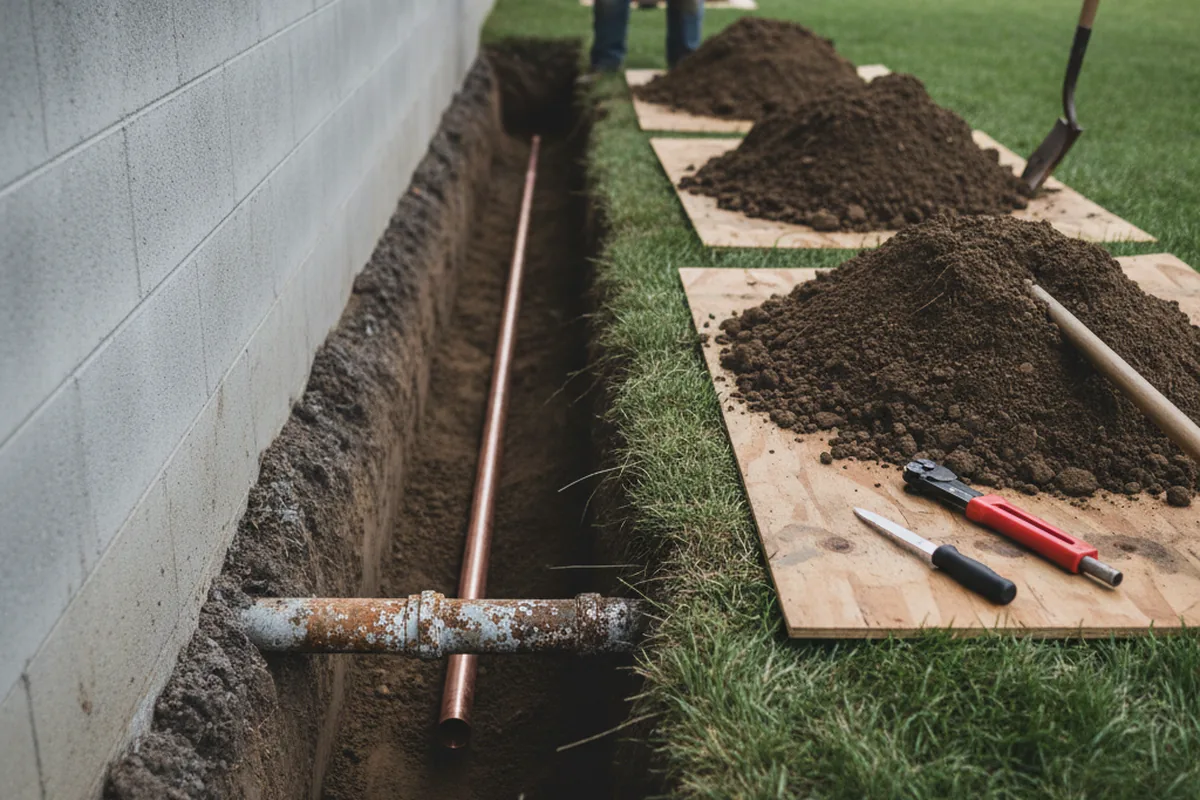 Excavated water line trench during Water Heater Repair in Rochelle Park